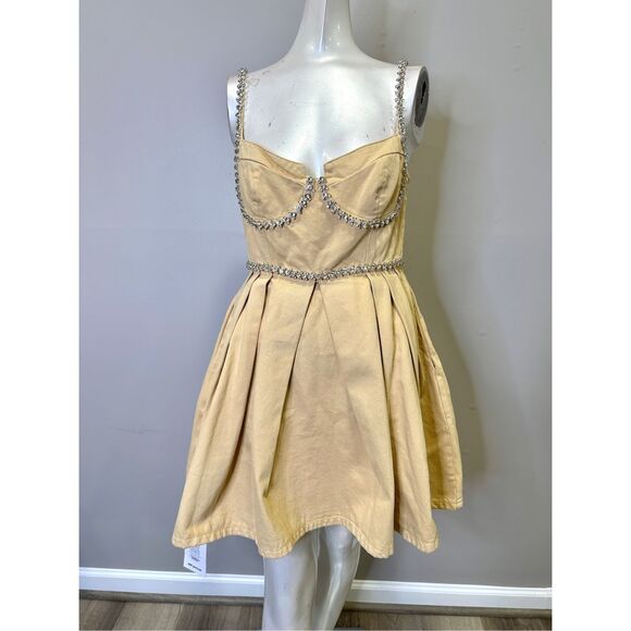 NWT SELF PORTRAIT BEIGE DIAMANTE DENIM MINI DRESS $495 - Picture 5 of 12